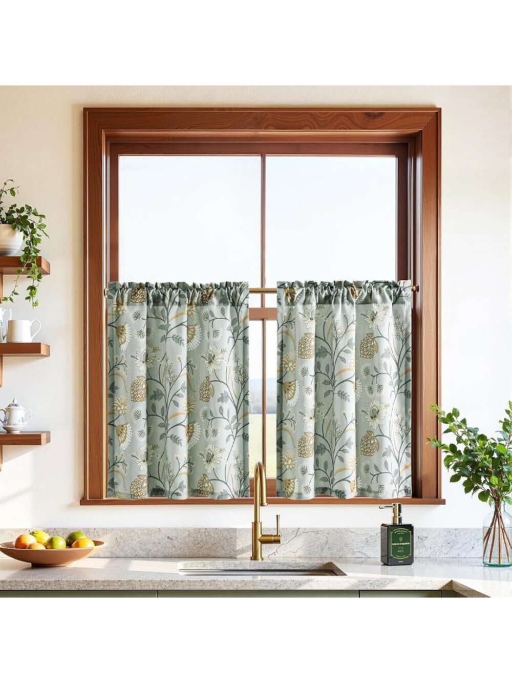 Chic Farmhouse Half Curtains, Faux Linen Cafe Drapes, Floral Grey, 30x24", 2